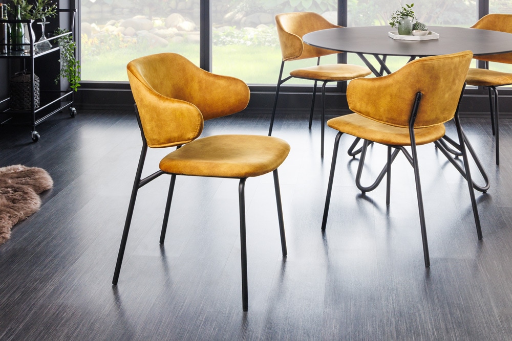 Design Stuhl VOGUE senfgelb Samt schwarze Metallbeine