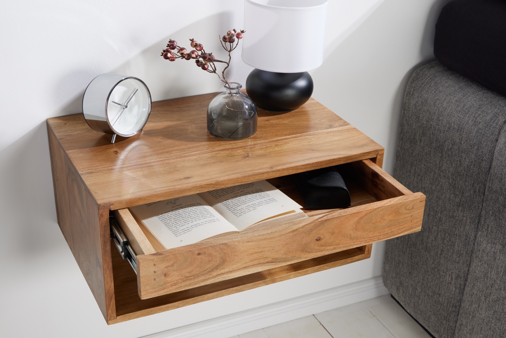 Hängender Nachttisch PURE 50cm braun Akazie Massivholz honey finish Schublade