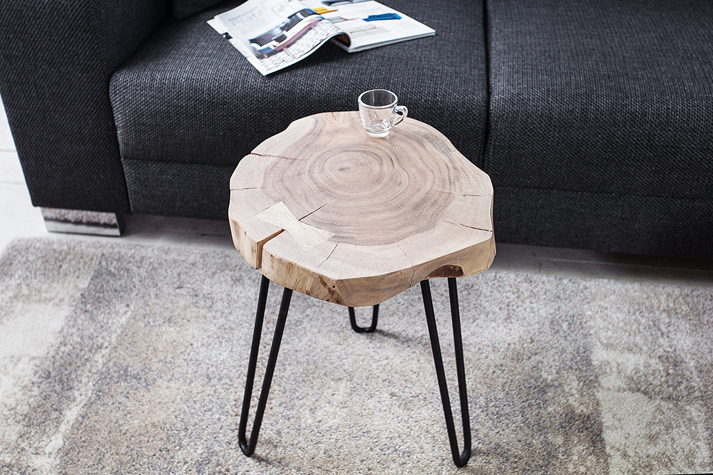 Massivholz Beistelltisch GOA 40cm natur Akazie Baumstamm Metall schwarz Hairpin Legs