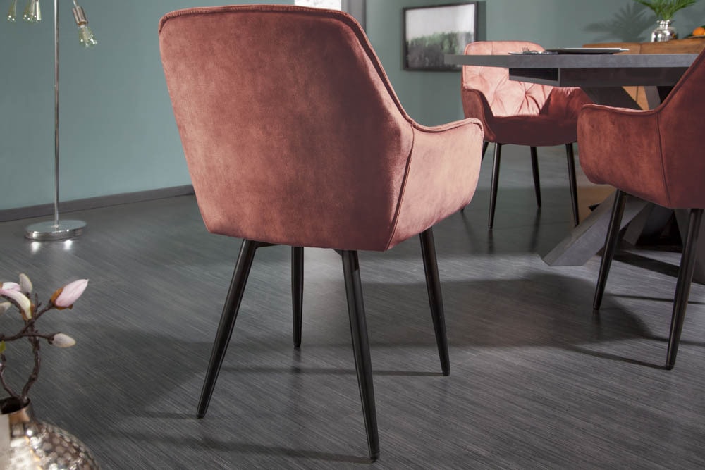 Design Stuhl MILANO rost braun Samt mit Armlehne Ziersteppung gepolstert schwarze Metallbeine