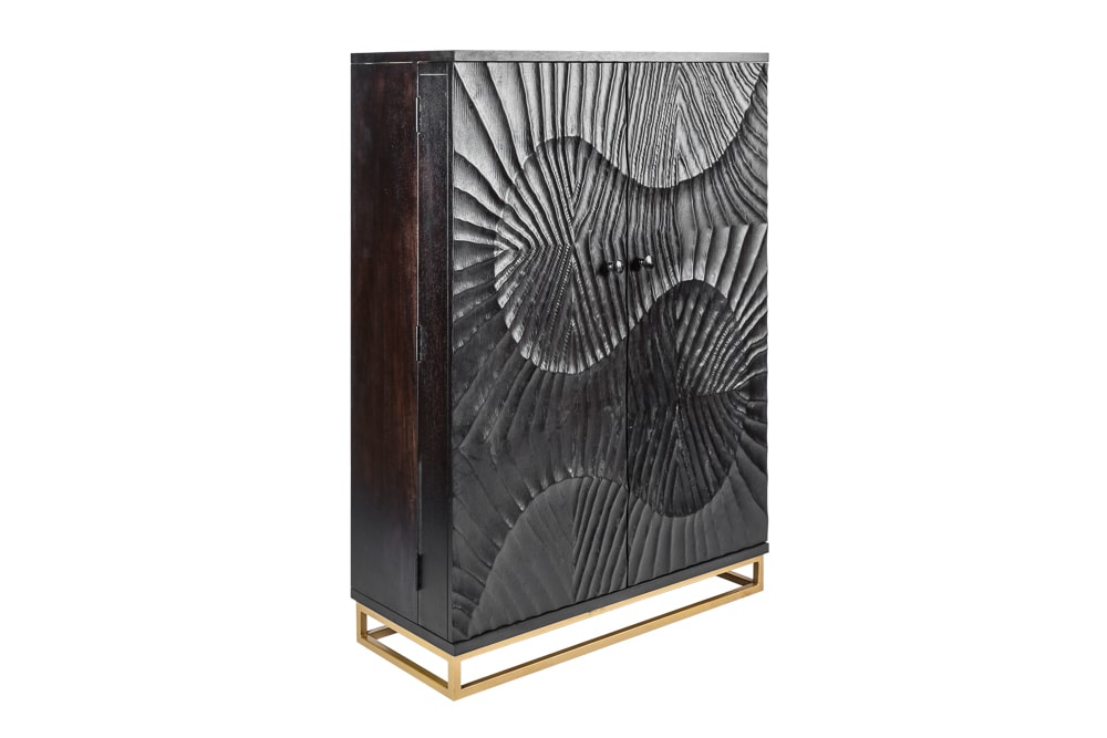 Massiver Barschrank SCORPION 141cm schwarz Mangoholz mit 3D Schnitzereien