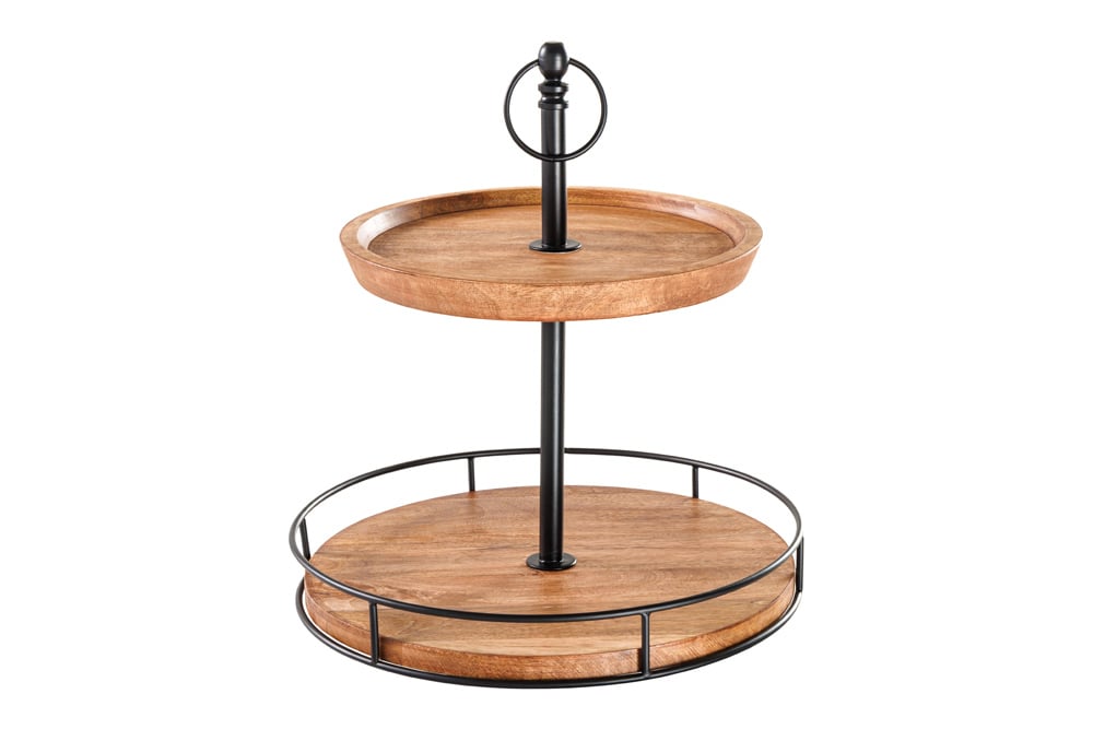 Massivholz Etagere PURE NATURE 40cm Mango rund mit zwei Etagen schwarzes Metall