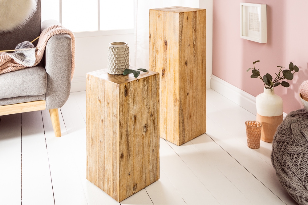 Massivholz Dekosäule COLUMNA 50cm Akazie teak-grau gekälkt Beistelltisch