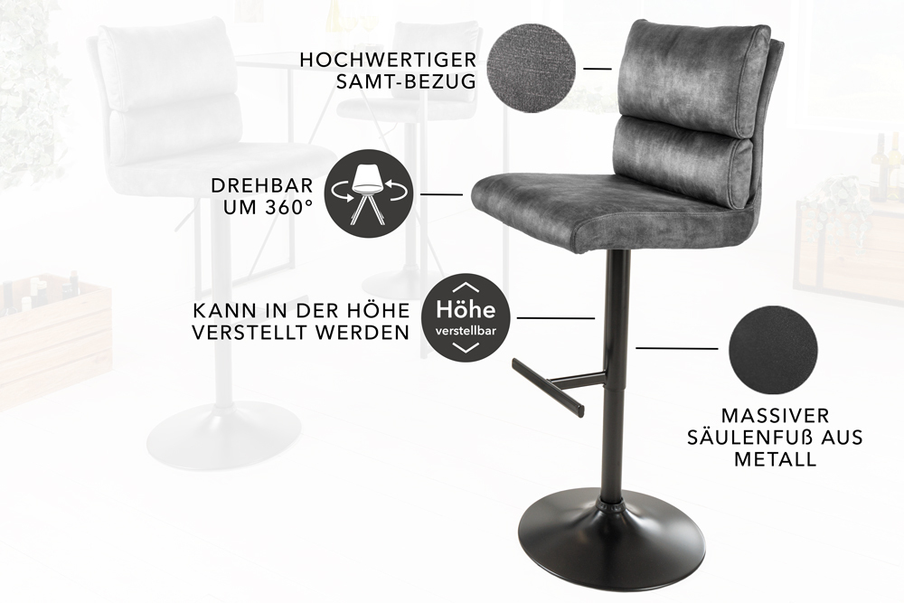 Höhenverstellbarer Barhocker COMFORT dunkelgrau Samt drehbar mit Lehne Metall schwarz