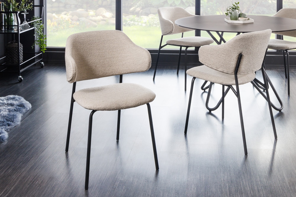 Design Stuhl VOGUE greige Bouclé schwarze Metallbeine