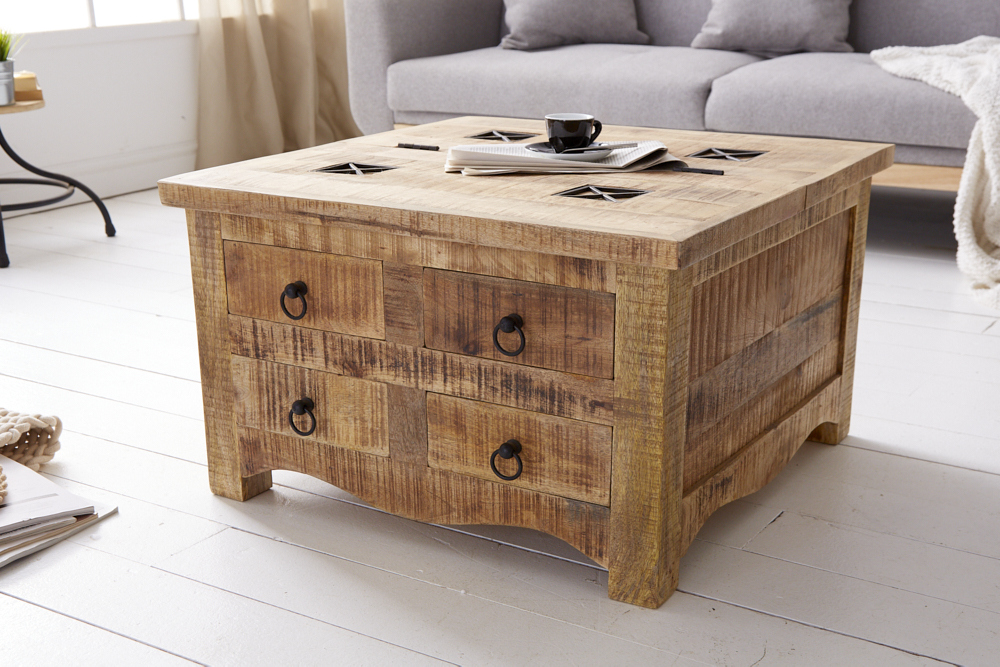 Massiver Couchtisch IRON CRAFT 70cm natur Holz Truhe mit Schubladen und Stauraum