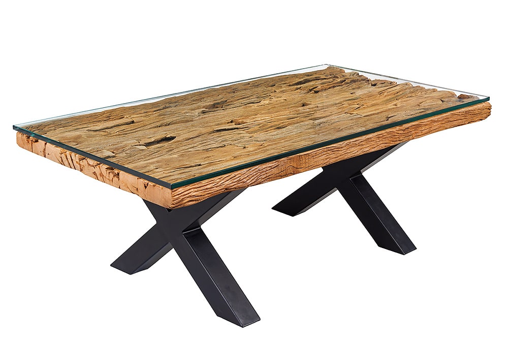 Massiver Couchtisch BARRACUDA 110cm antik natur Teakholz X-Gestell Glasplatte