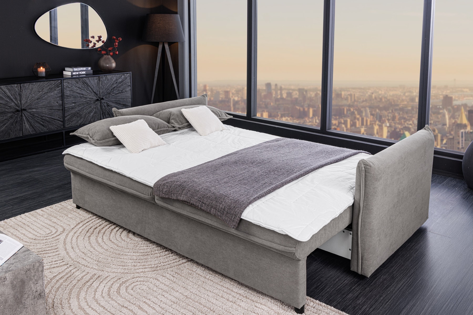 XXL Sofa mit Schlaffunktion APARTMENT grau Cord inkl. Bettkasten und Kissen
