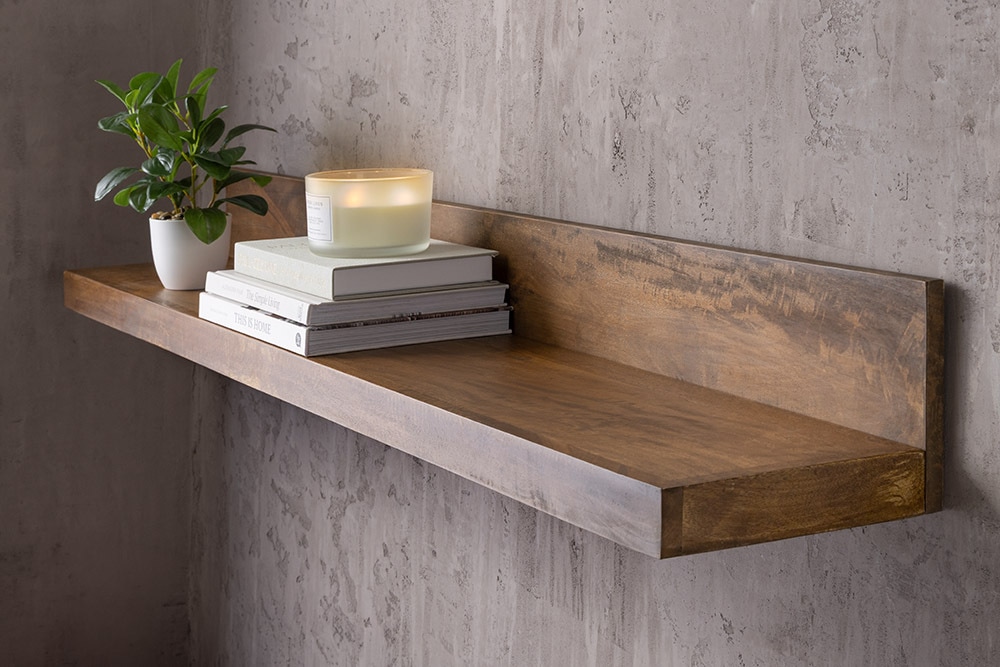 Massives Wandregal MAKASSAR 110cm braun Mangoholz honey finish handmade