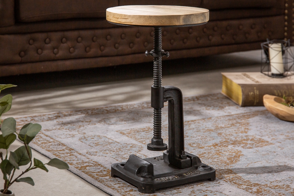 Höhenverstellbarer Beistelltisch ENGINEER 30cm Mangoholz Industrial Design massiv rund Eisen
