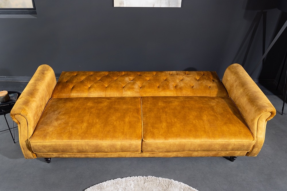 3-Sitzer Sofa MAISON BELLE AFFAIRE 220cm senfgelb Samt mit Schlaffunktion