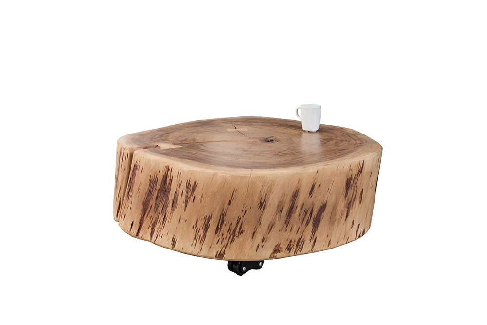 Baumstamm Couchtisch GOA 60cm natur Akazie Massivholz rund mit Rollen Unikat