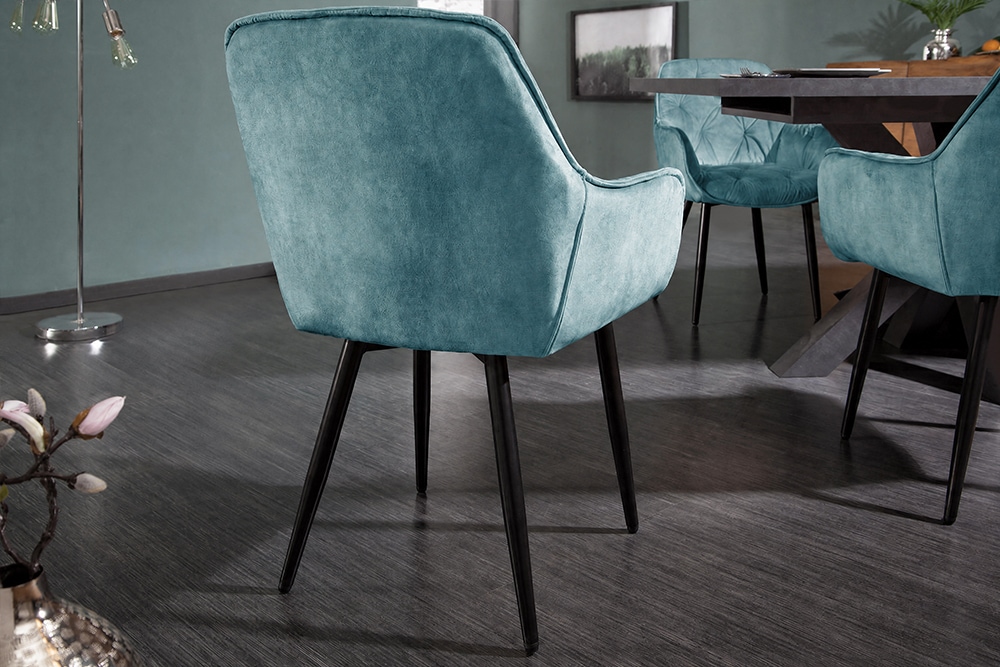 Design Stuhl MILANO petrol Samt mit Armlehne Ziersteppung gepolstert schwarze Metallbeine