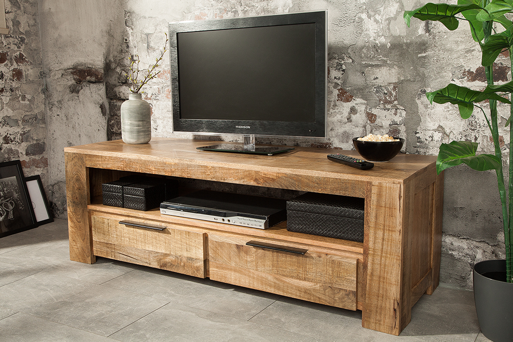 Massives TV-Board IRON CRAFT 130cm Mangoholz Lowboard 2 Schubladen