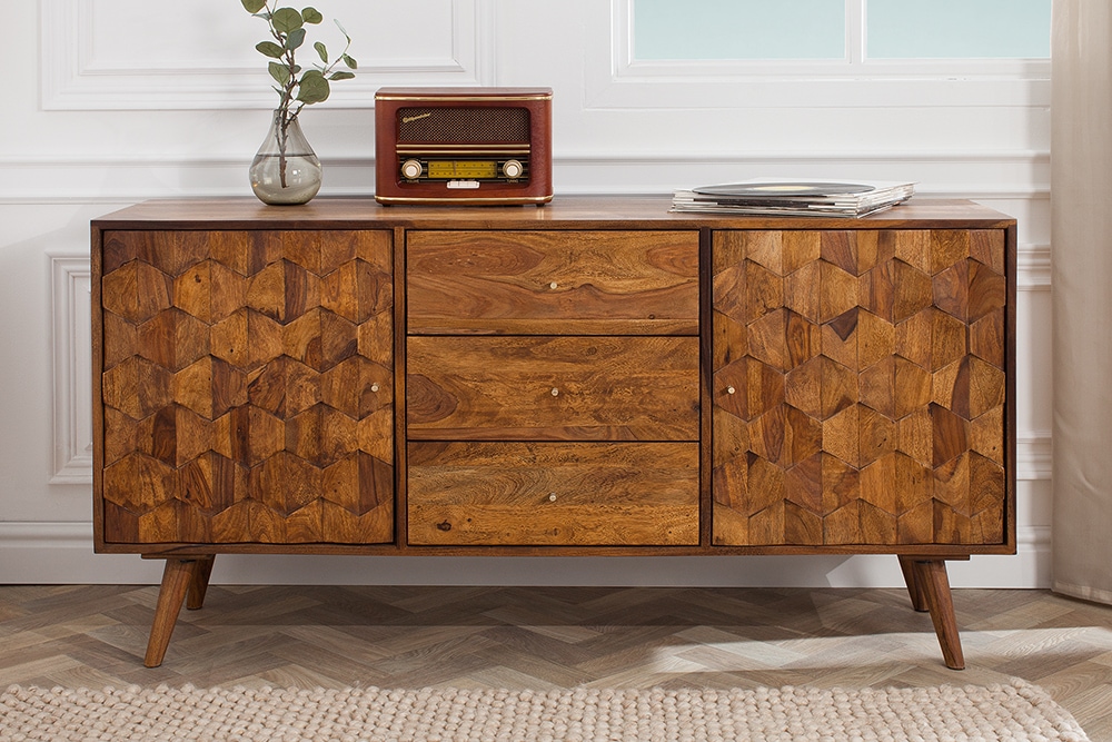 Massivholz Sideboard MYSTIC LIVING 145cm braun Sheesham stone finish Kommode Schubladen