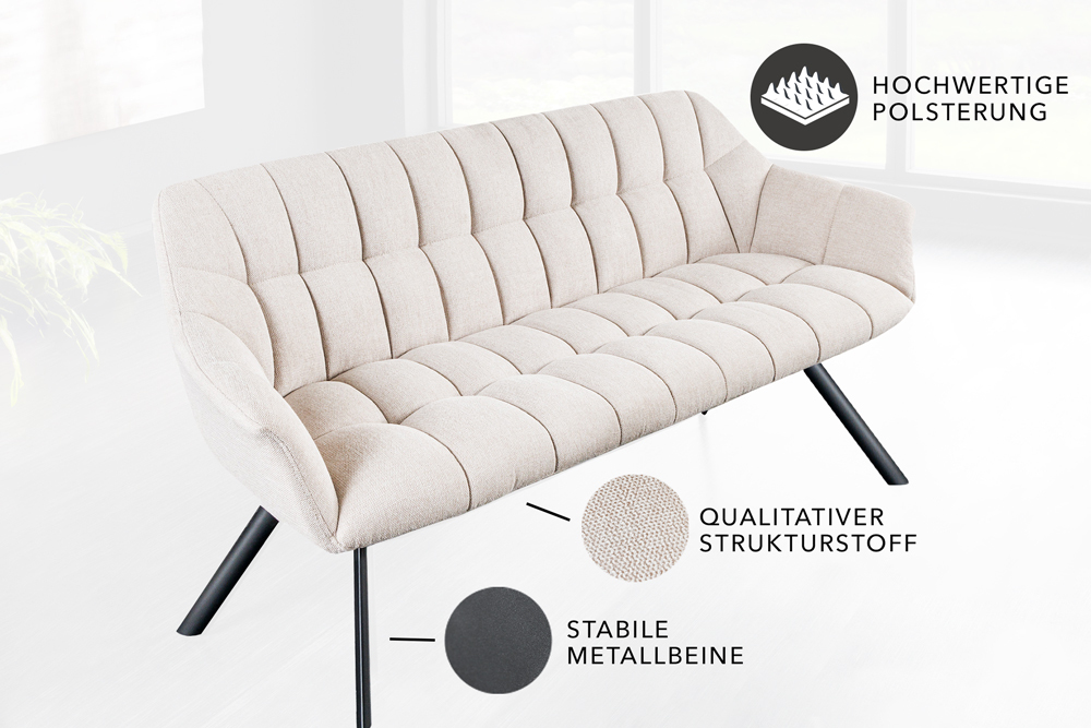 Esszimmer Sitzbank PAPILLON 165cm champagner beige mit Lehnen schwarzes Metallgestell
