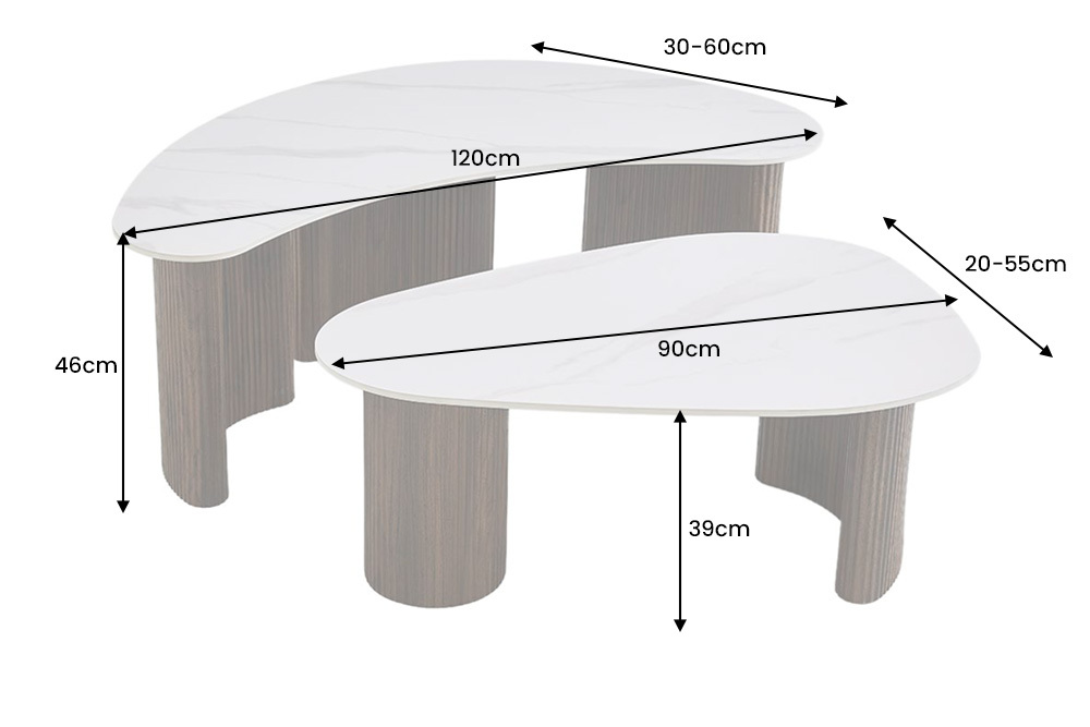 2er Set Couchtische OSAKA 120cm weiß Marmor Keramik Walnuss