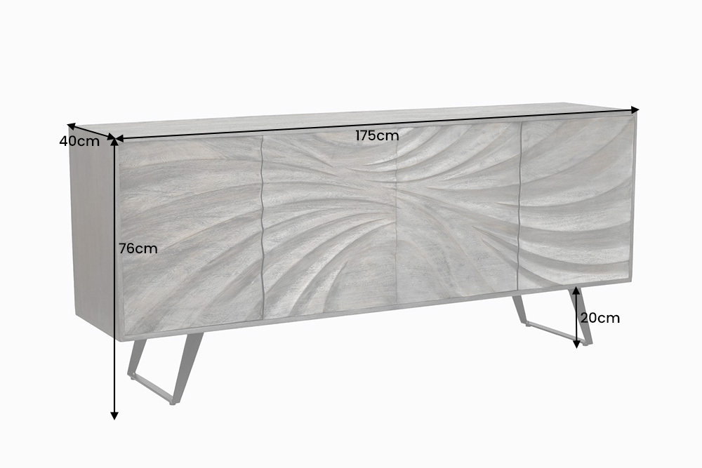 Massivholz Sideboard HURRICANE 175cm grau Akazie 3D-Design