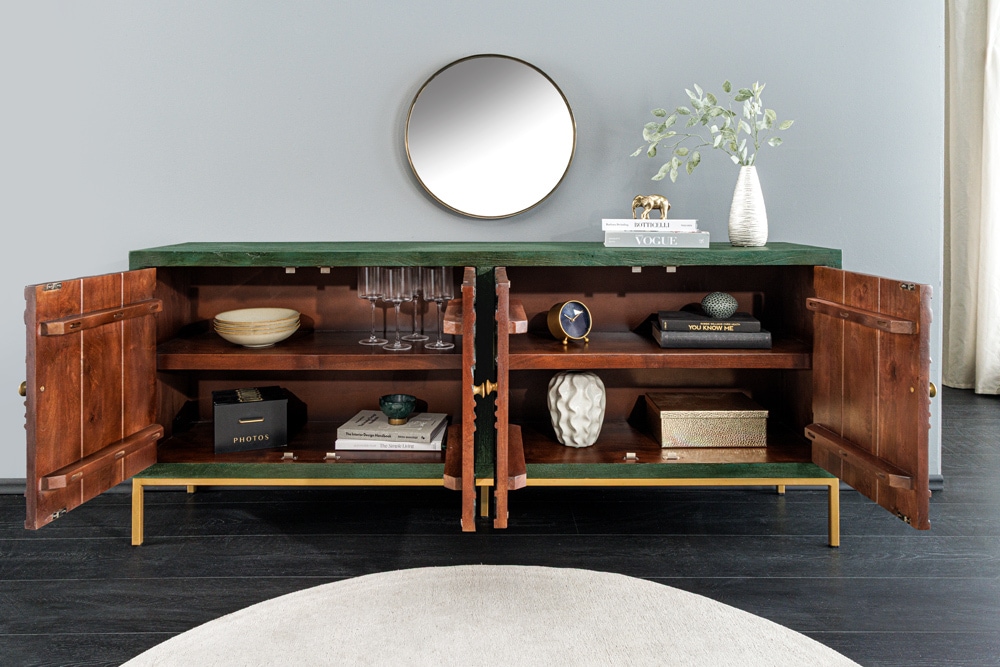 Massives Sideboard PEACOCK 175cm grün Mangoholz antik 3D Schnitzerei Pfau-Design