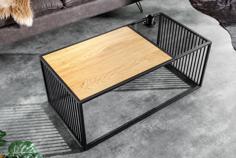 Design Couchtisch ARCHITECTURE 100cm schwarz Wildeiche Rauchglas Metall Holz