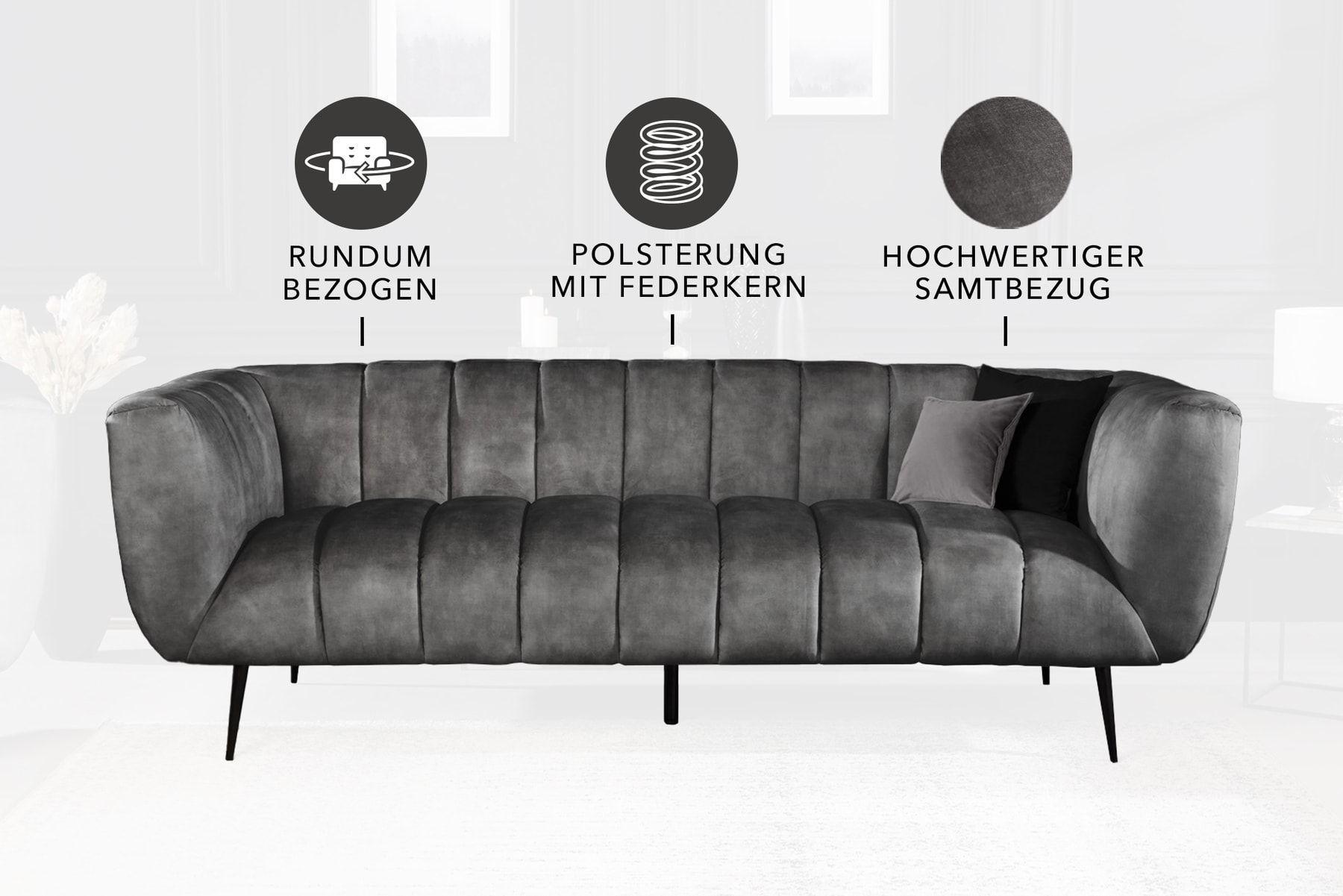 Design 3-Sitzer Sofa NOBLESSE 225cm grau Samt Federkern schwarze Metallfüße