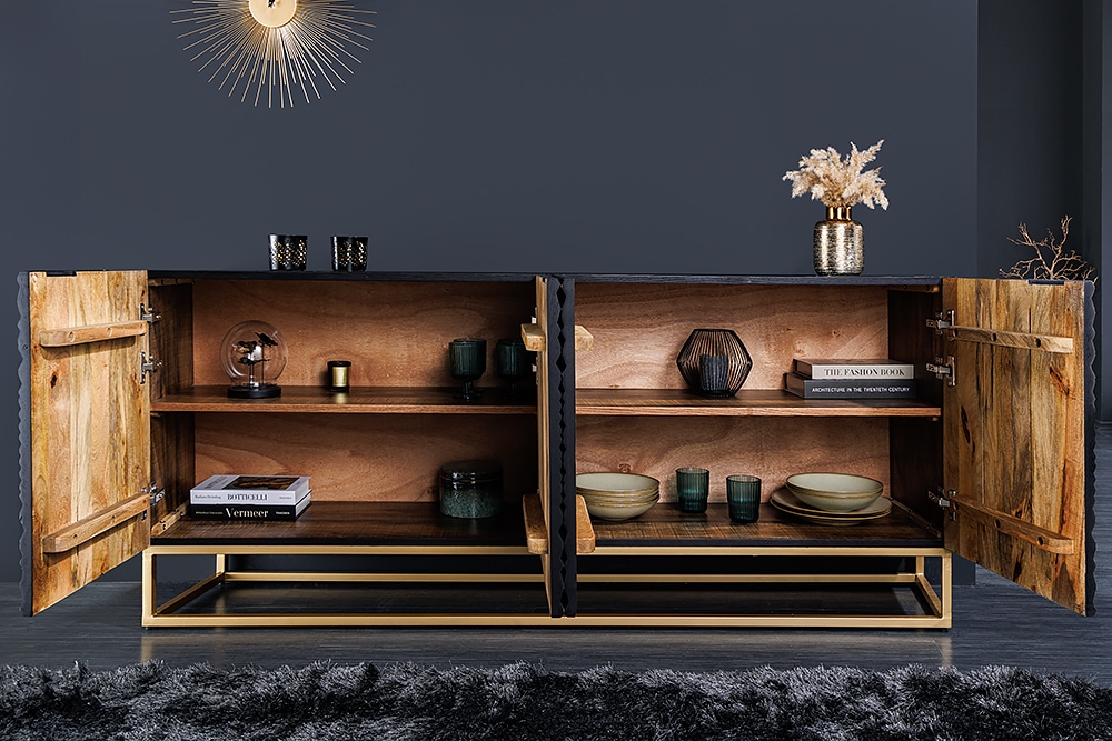 Design Sideboard ILLUSION 180cm schwarz Mangoholz Massivholz mit 3D Schnitzereien gold Eisen Metallgestell