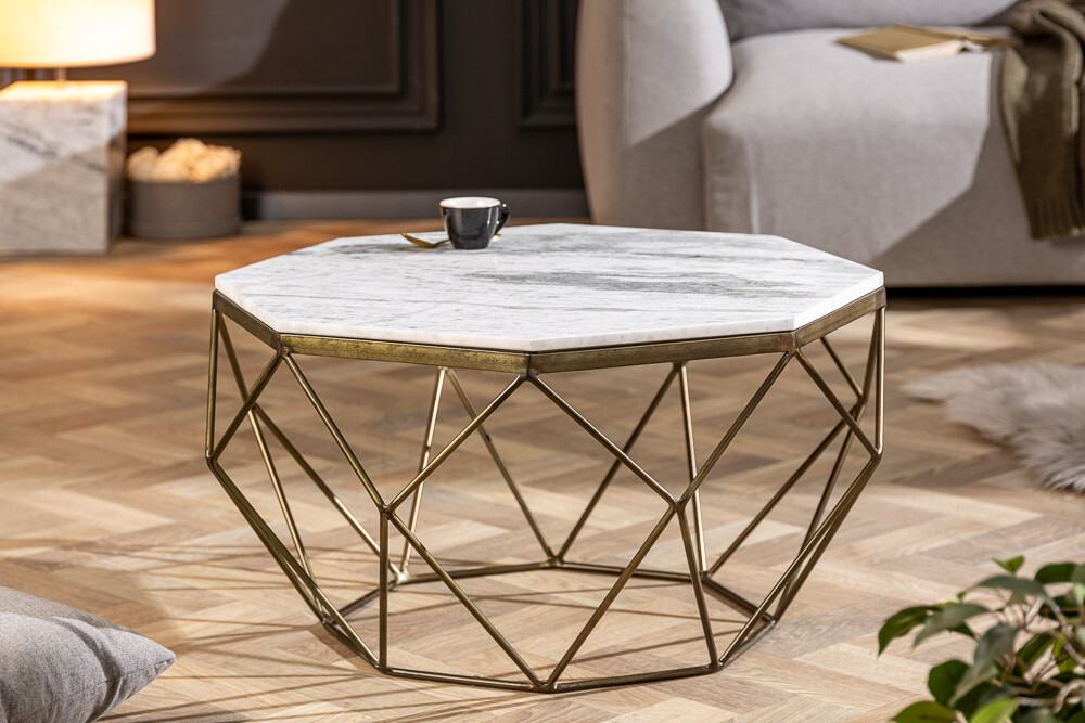 Eleganter Couchtisch DIAMOND 70cm weiß messing mit Marmorplatte
