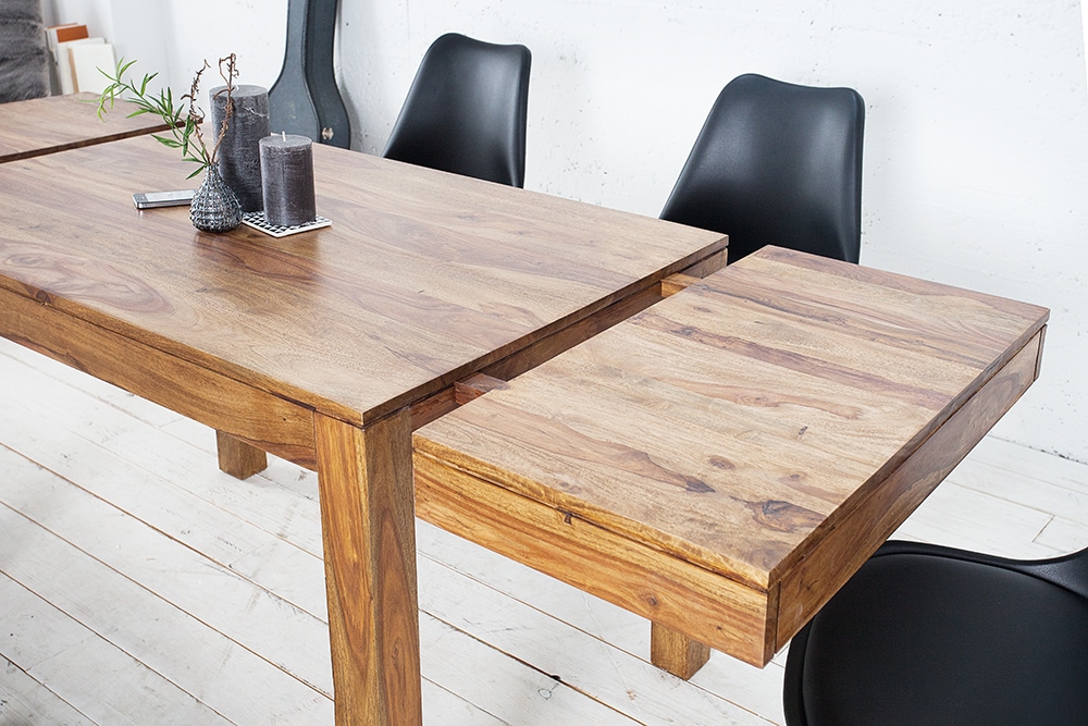 Massiver Holz Esstisch PURE 120-200cm braun Sheesham stone finish mit Ansteckplatten