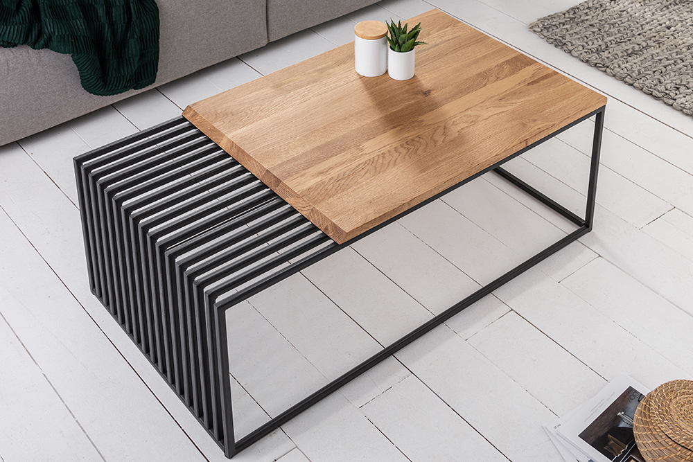 Massivholz Couchtisch ARCHITECTURE 100cm Eiche geölt schwarzes Metallgestell
