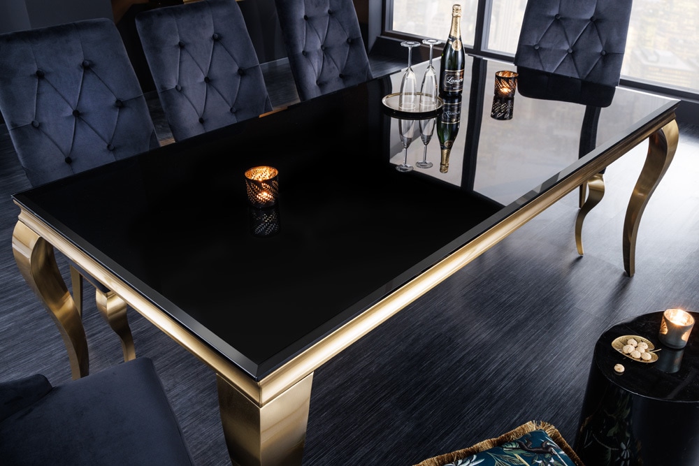 Eleganter Design Esstisch MODERN BAROCK 180cm schwarz gold Edelstahl Opalglas Tischplatte