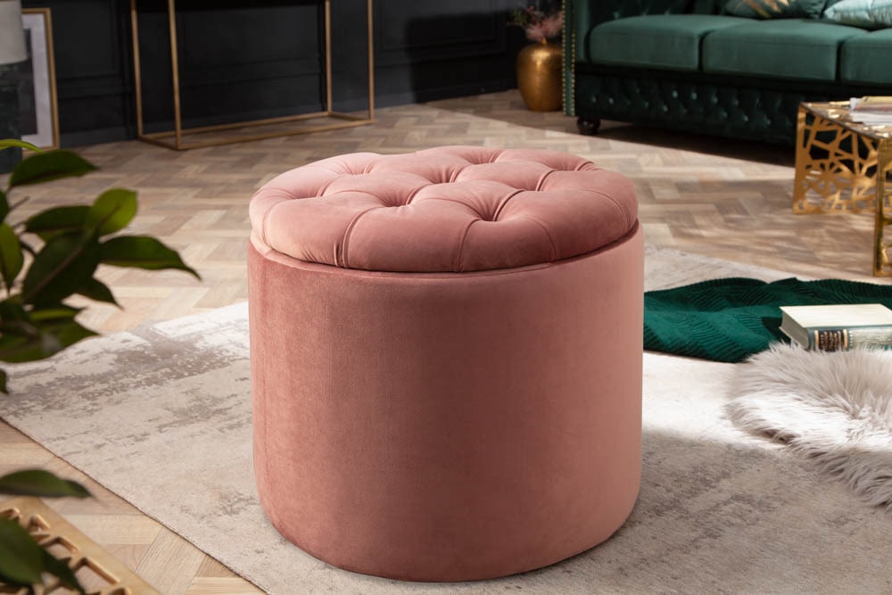 Eleganter Hocker MODERN BAROCK 50cm altrosa Samt Aufbewahrungkorb