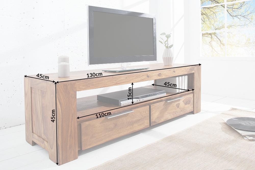 Massives TV-Board MAKASSAR 130cm braun Sheesham stone finish Lowboard zwei Schubladen