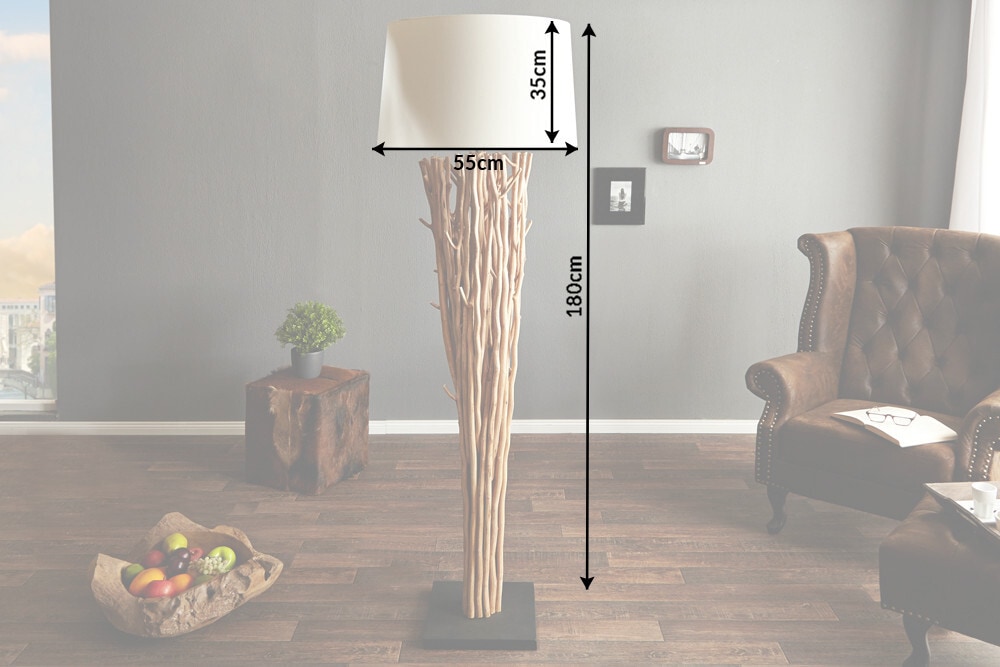 Design Treibholz Stehlampe EUPHORIA 180cm natur mit Leinenschirm
