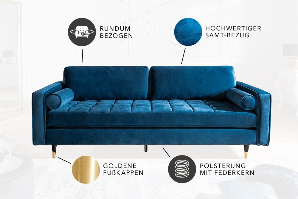 Design 3-Sitzer Sofa COZY VELVET 220cm petrol blau Samt Federkern Lounge