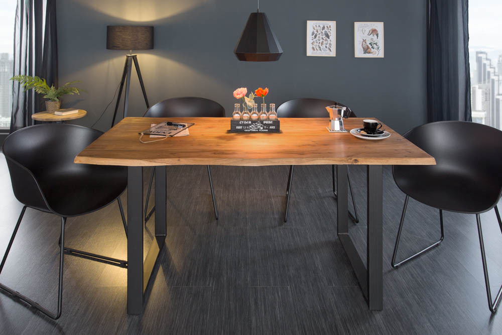 Massivholz Esstisch MAMMUT 160cm Wild-Akazie Industrial Design 2,6cm Tischplatte Baumkante