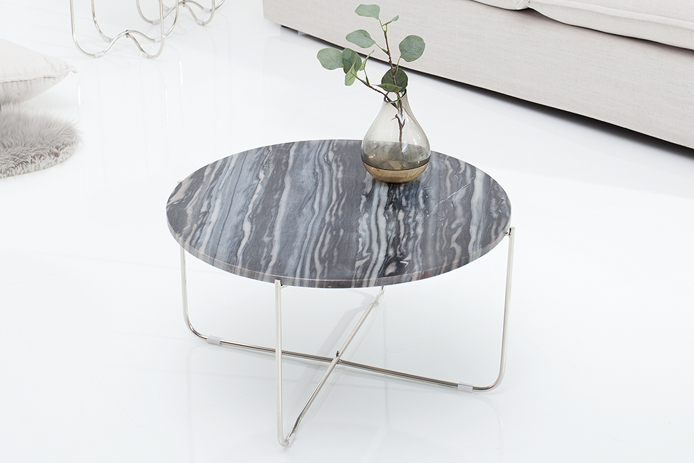 Exklusiver Couchtisch NOBLE 65cm grau echter Marmor rund silber Metall