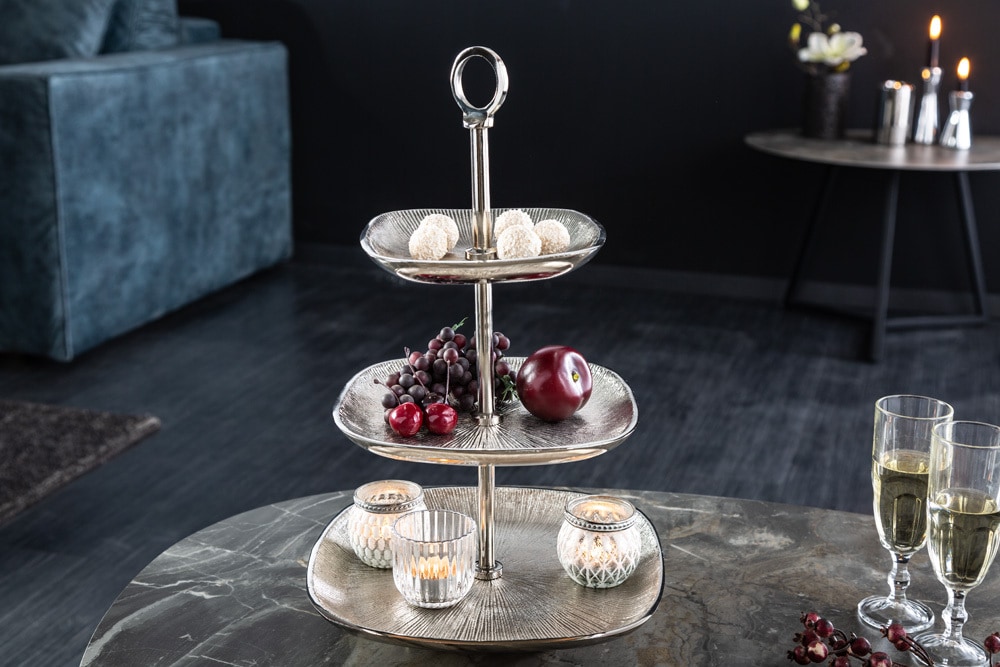 Moderne Etagere ORIENT 45cm silber Hammerschlag-Design mit drei Etagen