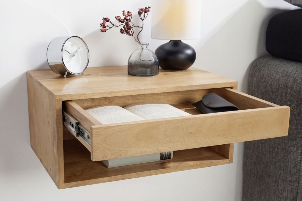 Hängender Nachttisch PURE 50cm natur Mangoholz cream finish Wandregal Schublade