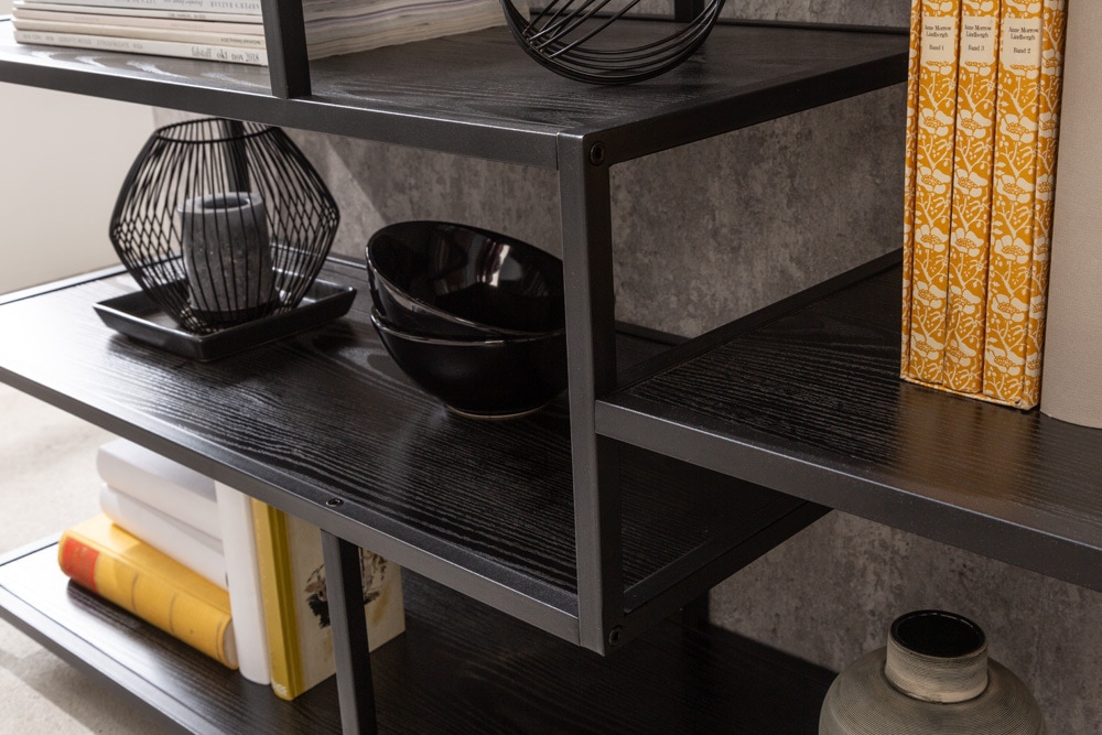 Industrial Bücherregal SLIM LINE 114cm Esche schwarz fünf Regalböden
