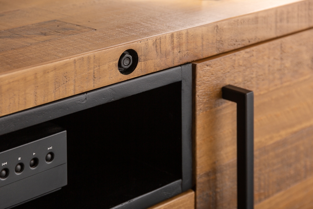 Massives TV-Lowboard THOR 200cm recyceltes Pinienholz im Industrial Design