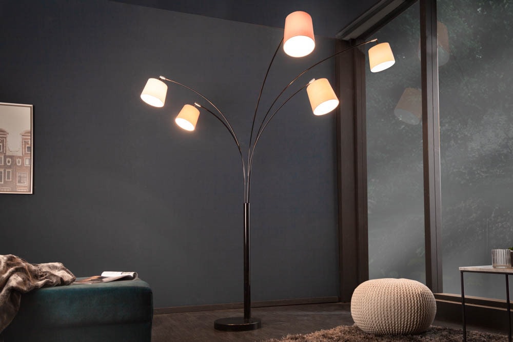 Design Bogenlampe LEVELS 205cm weiß beige braun 5 Leinenschirme Stehlampe