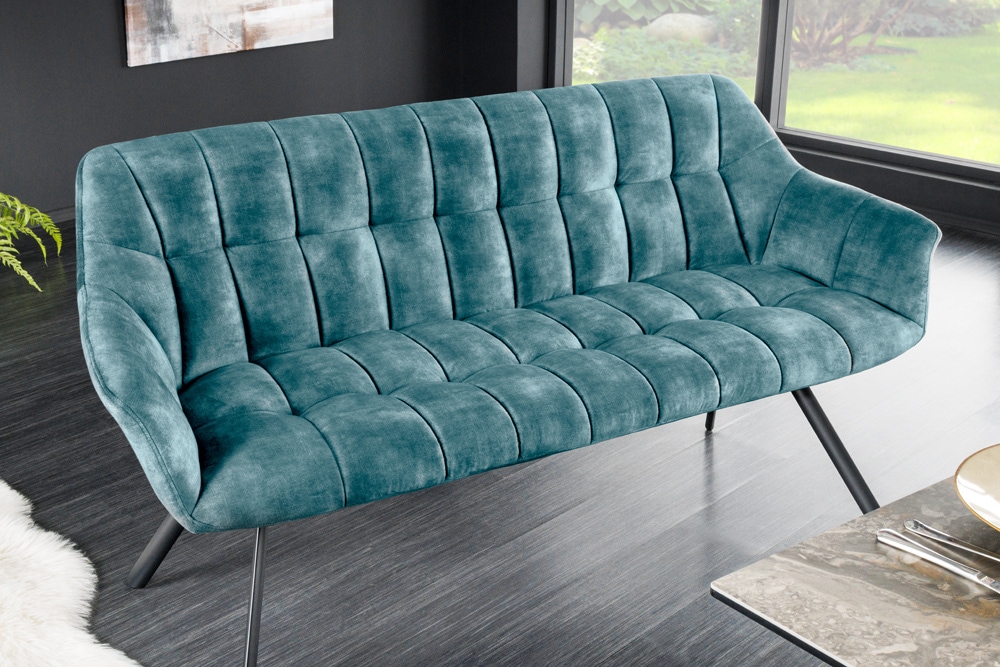 Esszimmer Sitzbank PAPILLON 165cm petrol Samt mit Lehnen schwarzes Metallgestell