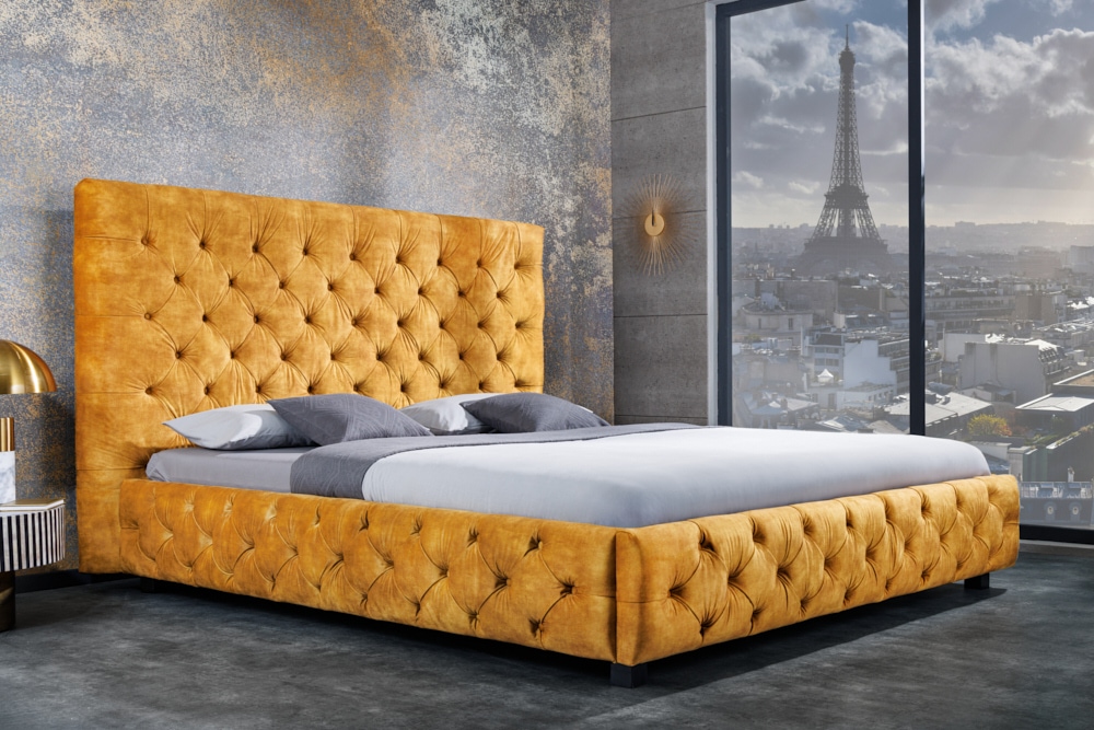 Queensize Doppelbett PARIS 160x200cm senfgelb Samt Chesterfield Design
