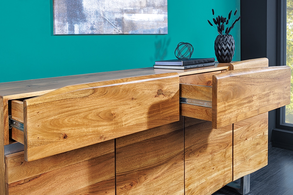 Massivholz Sideboard MAMMUT 170cm Akazie Baumkante mit Schubladen Kufengestell Edelstahl