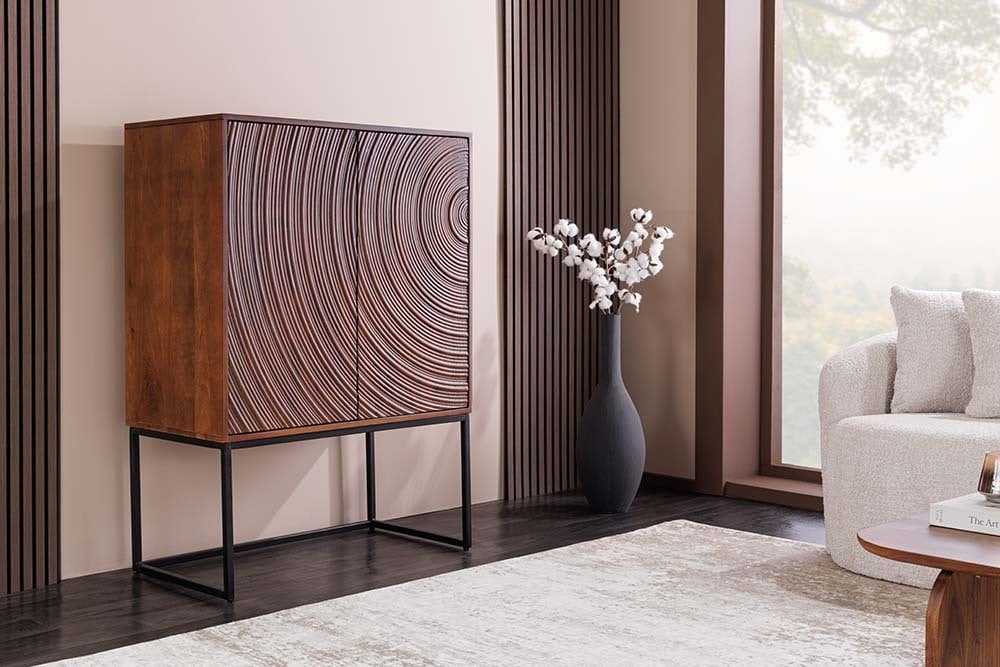 Design Highboard ORBIT 120cm braun Mangoholz mit 3D-Front schwarz Metall