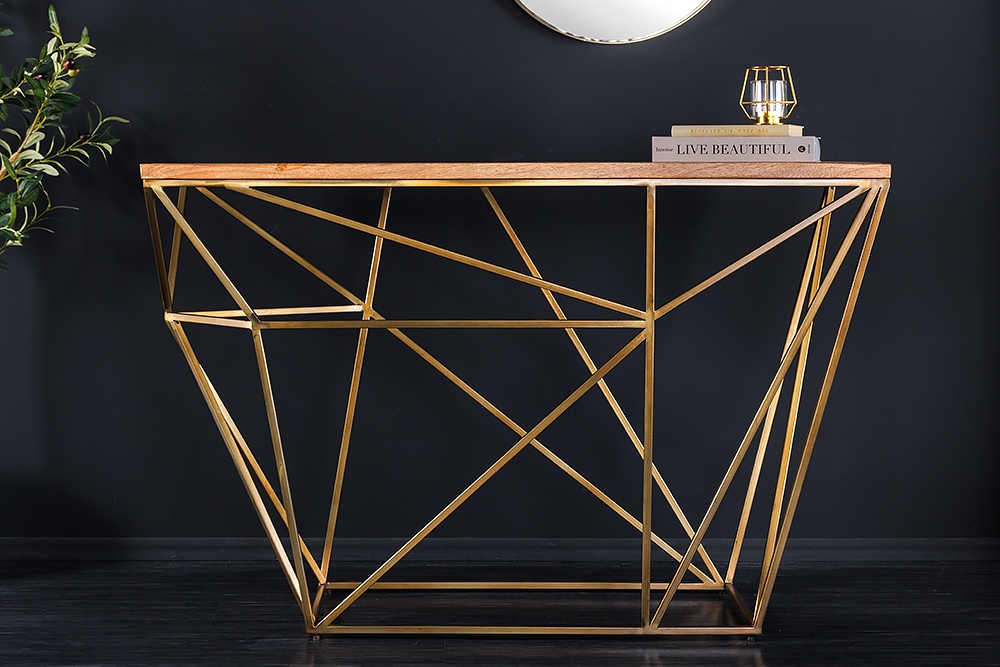 Abstrakter Konsolentisch DIAMOND 120cm natur messing Mangoholz Metallgestell
