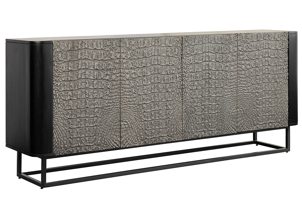 Handgefertigtes Sideboard CROCO 180cm grau schwarz Mangoholz mit 3D Schnitzereien massiv Metall