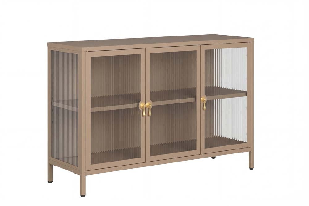 Modernes Sideboard AMSTERDAM 105cm greige gold Vitrine Schrank Riffelglas Metall