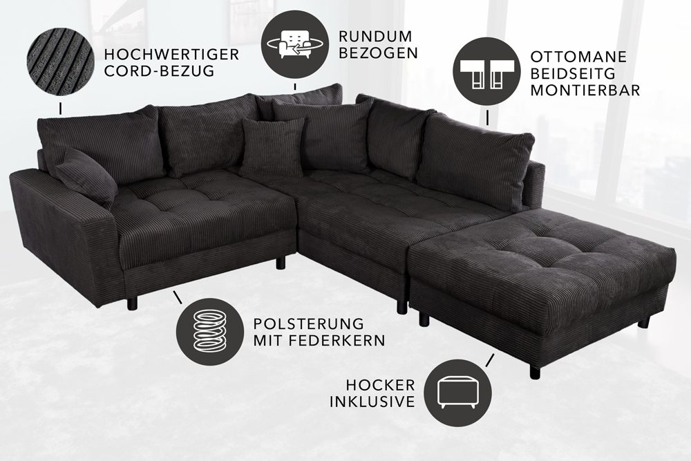 Modernes Ecksofa KENT 220cm dunkelgrau Cord inklusive Hocker Federkern Wohnlandschaft