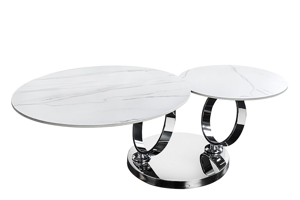 Design Couchtisch DANCING RINGS weiß rund drehbar Marmor Keramik Chrome Gestell